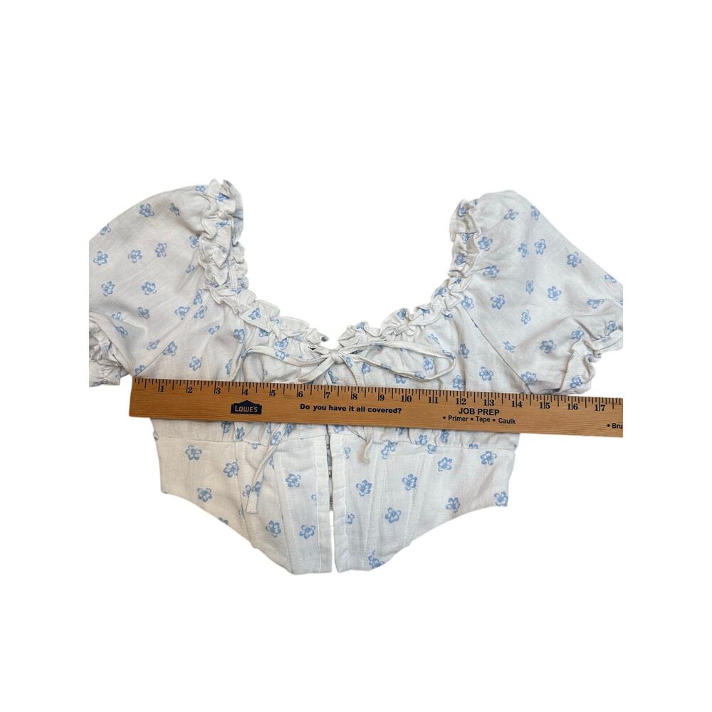 L.A. Hearts Floral Puff Sleeve‎ Corset Crop Top XS White Blue Linen Blend - Picture 7 of 10